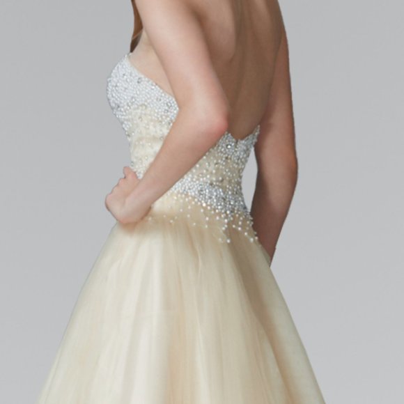 NEW LONG SLEEVELESS STRAPLESS A-LINE TULLE DRESS EMBROIDERED WITH PEARLS GL2155 - Picture 9 of 10